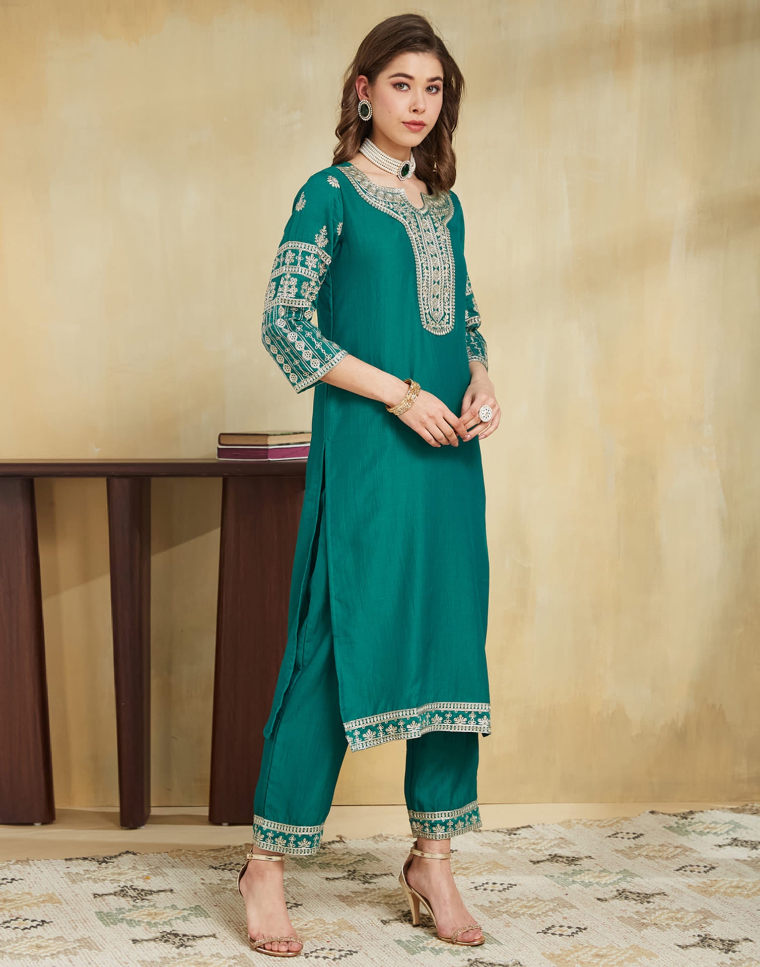 Teal Green Chinnon Embroidery Straight Kurta Set With Dupatta