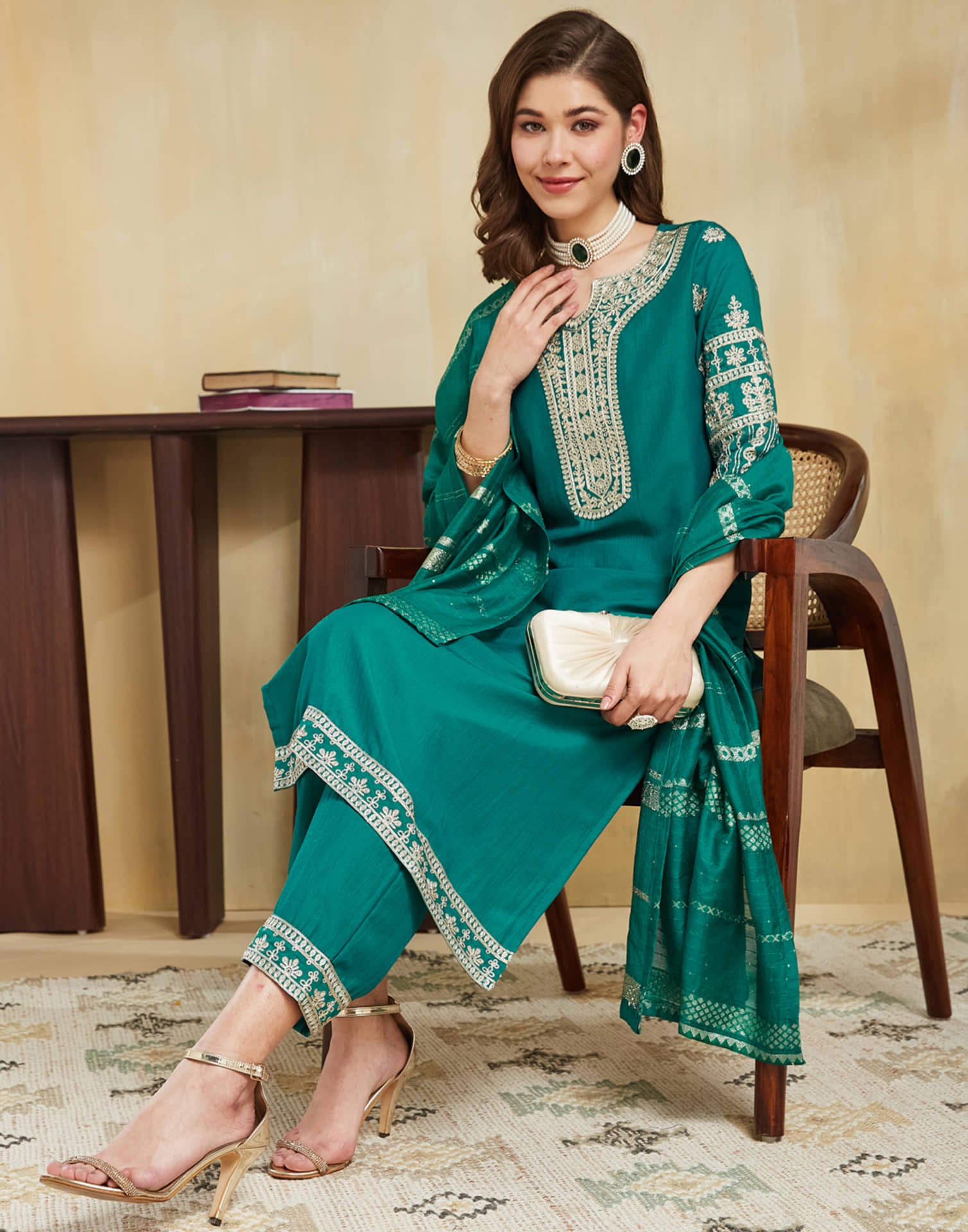 Teal Green Chinnon Embroidery Straight Kurta Set With Dupatta