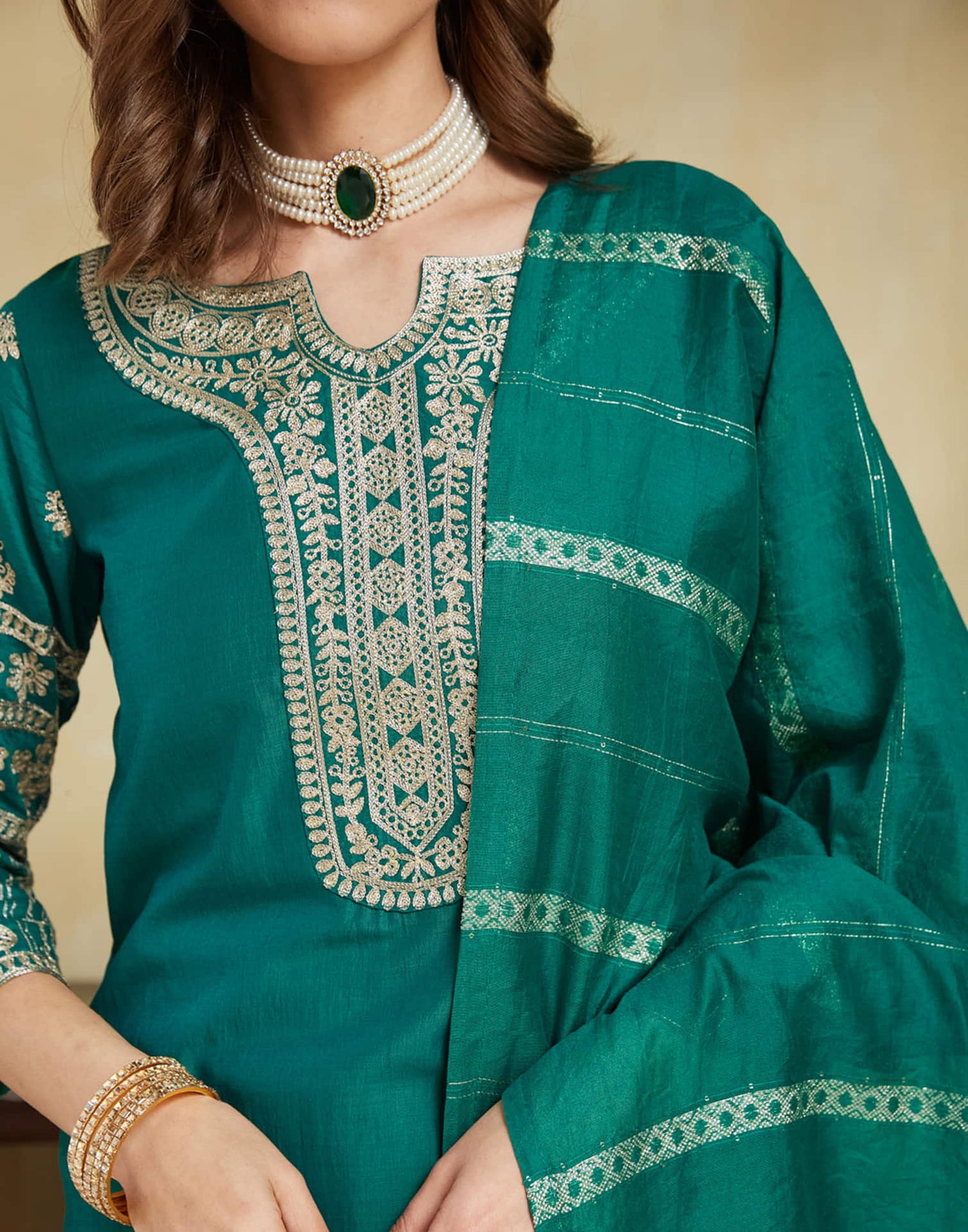 Teal Green Chinnon Embroidery Straight Kurta Set With Dupatta