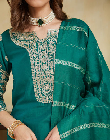 Teal Green Chinnon Embroidery Straight Kurta Set With Dupatta