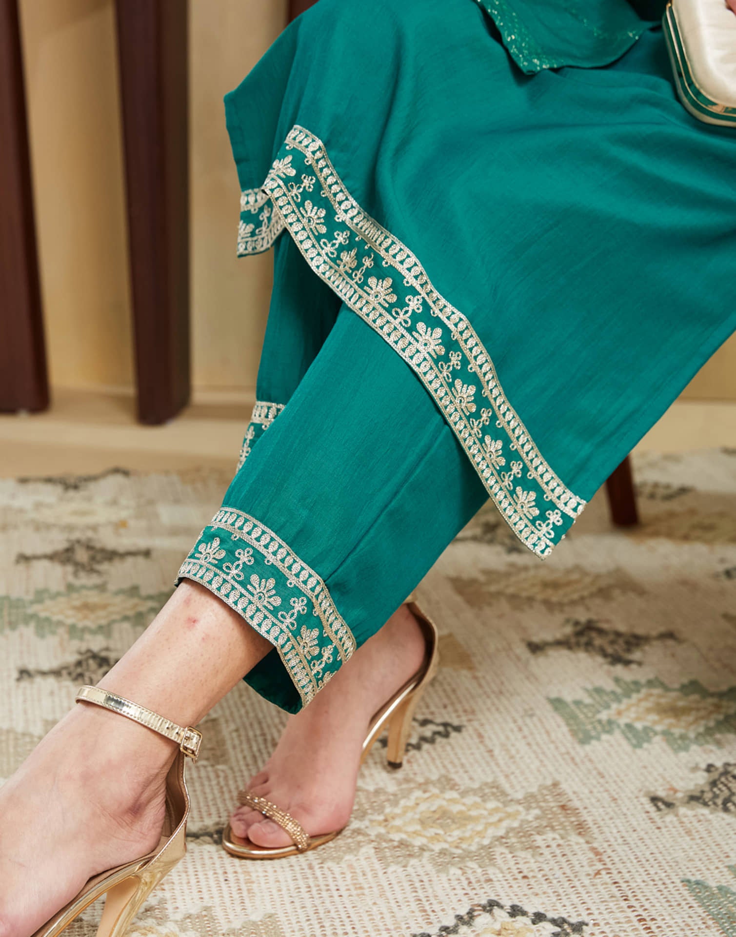 Teal Green Chinnon Embroidery Straight Kurta Set With Dupatta