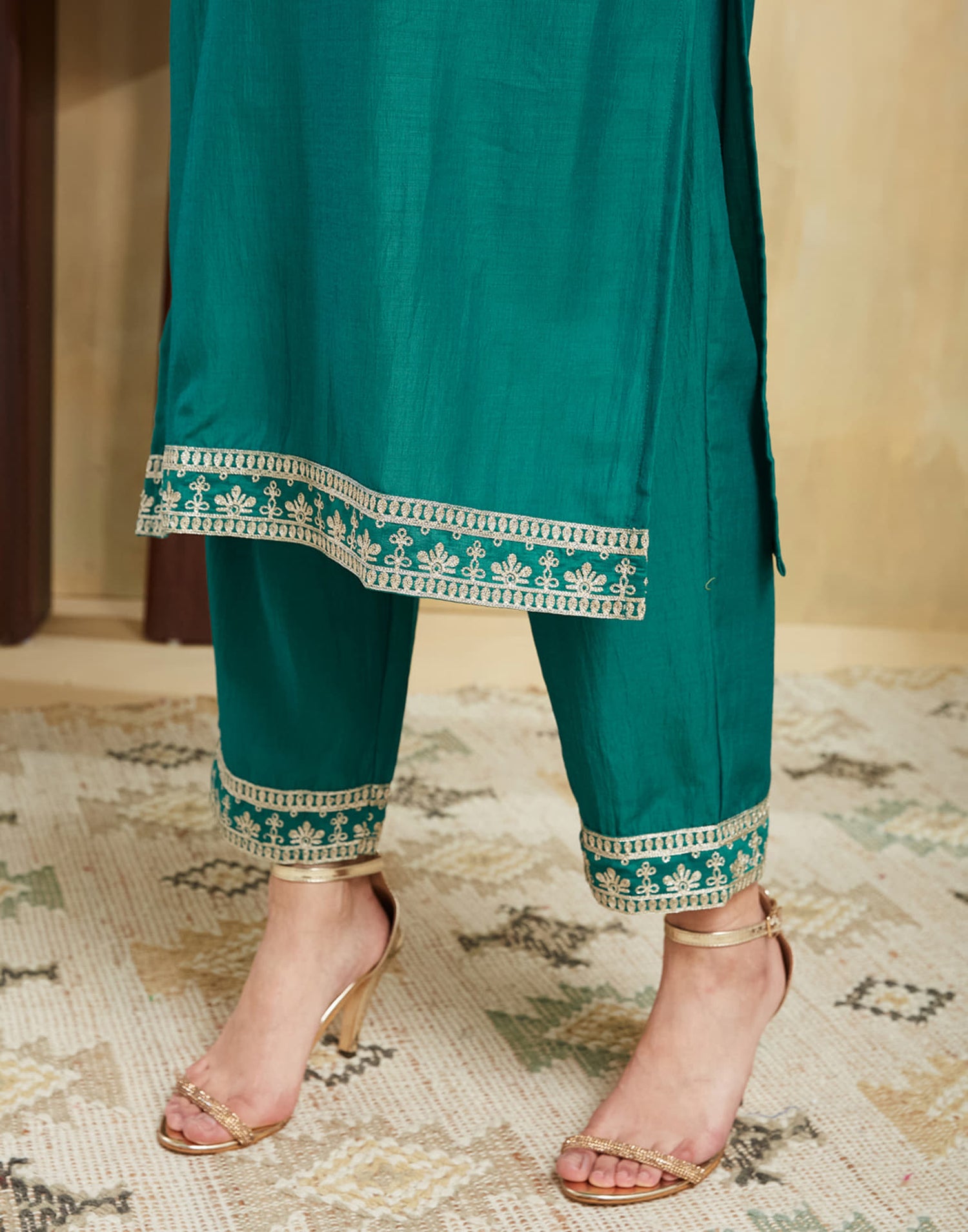 Teal Green Chinnon Embroidery Straight Kurta Set With Dupatta