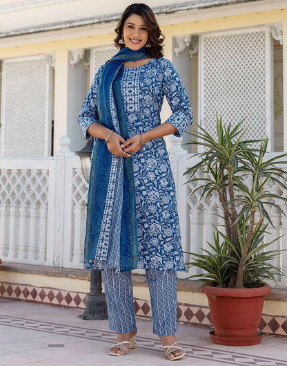 Dark Blue Cotton Printed Straight Kurta Set With Dupatta