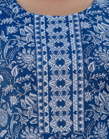 Dark Blue Cotton Printed Straight Kurta Set With Dupatta
