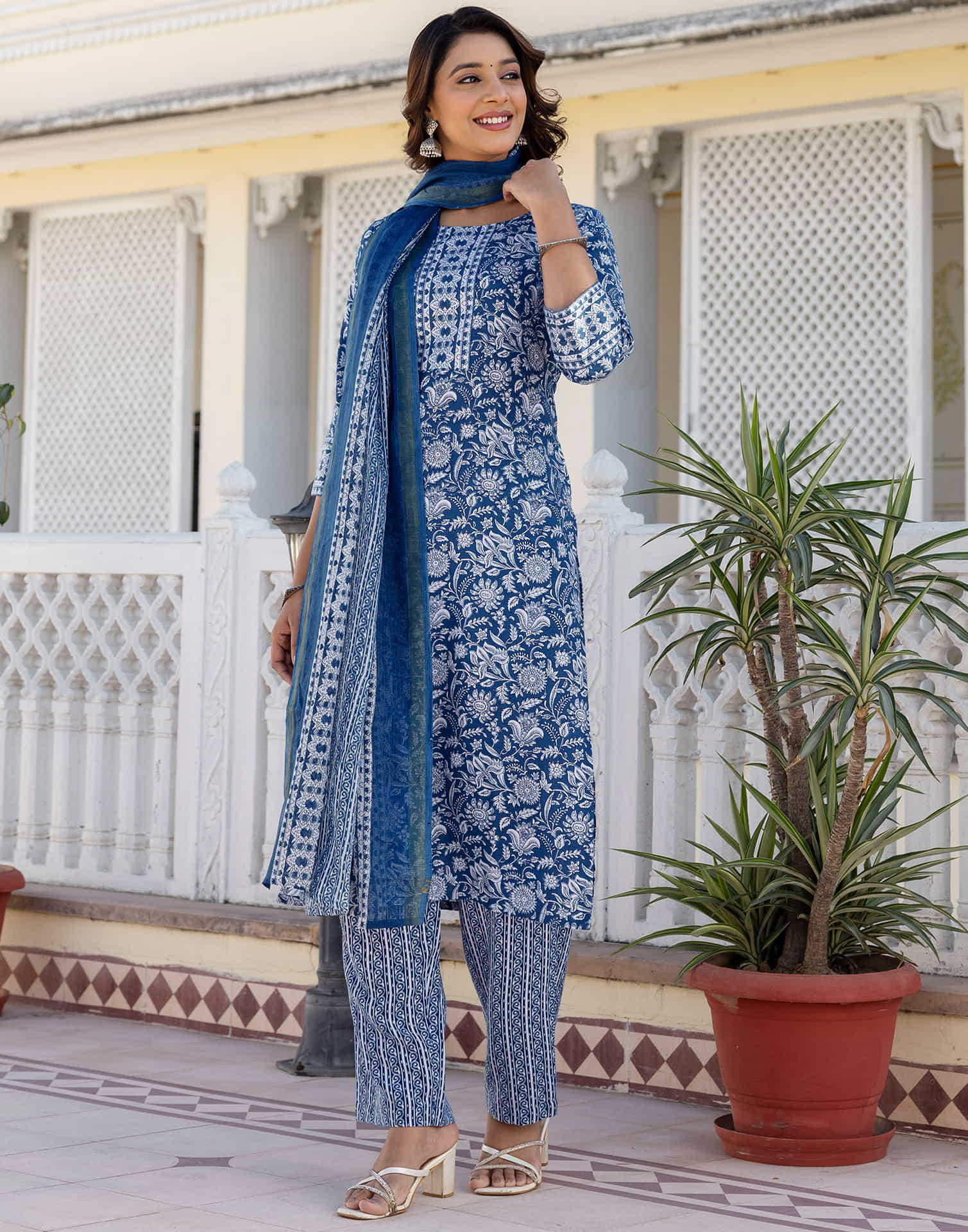 Dark Blue Cotton Printed Straight Kurta Set With Dupatta