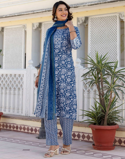 Dark Blue Cotton Printed Straight Kurta Set With Dupatta