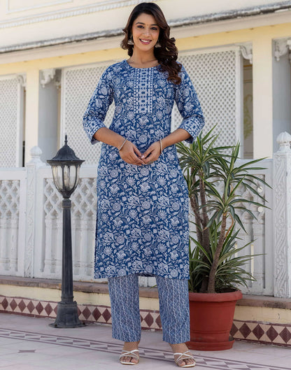 Dark Blue Cotton Printed Straight Kurta Set With Dupatta