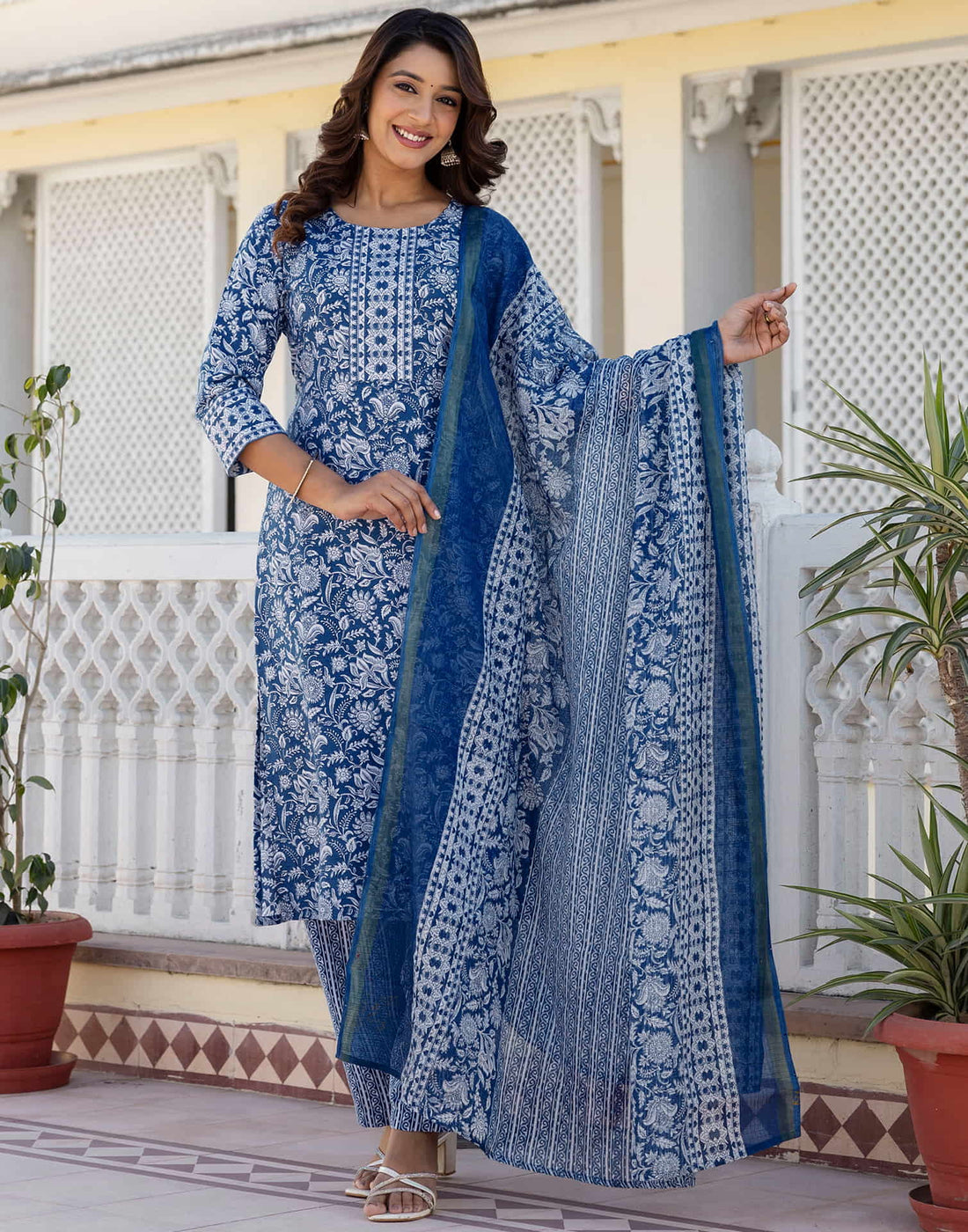 Dark Blue Cotton Printed Straight Kurta Set With Dupatta