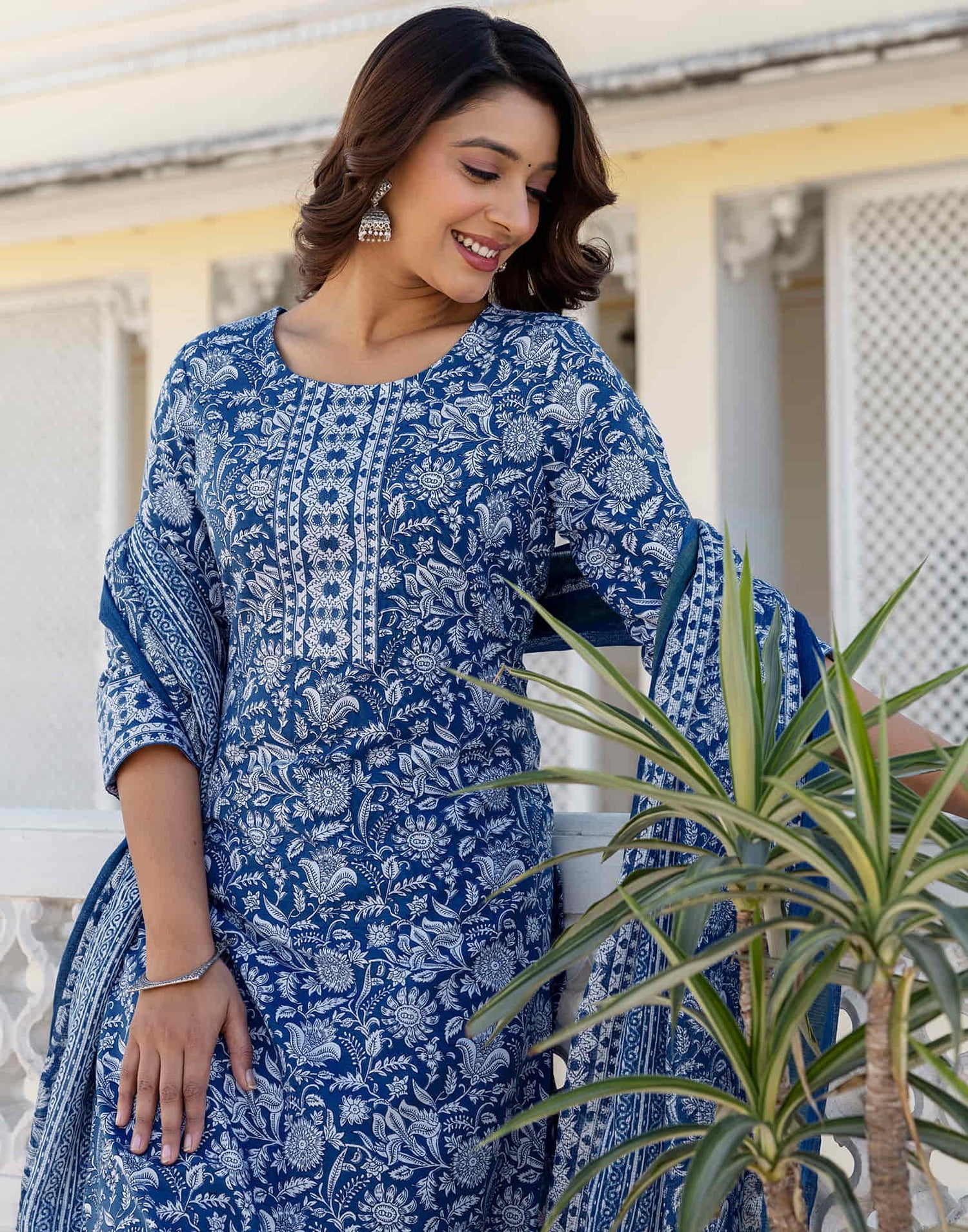Dark Blue Cotton Printed Straight Kurta Set With Dupatta
