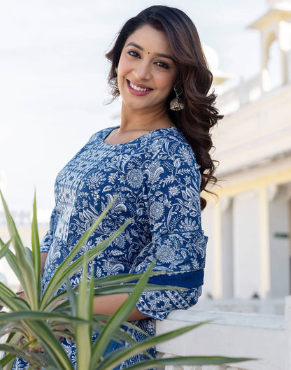 Dark Blue Cotton Printed Straight Kurta Set With Dupatta