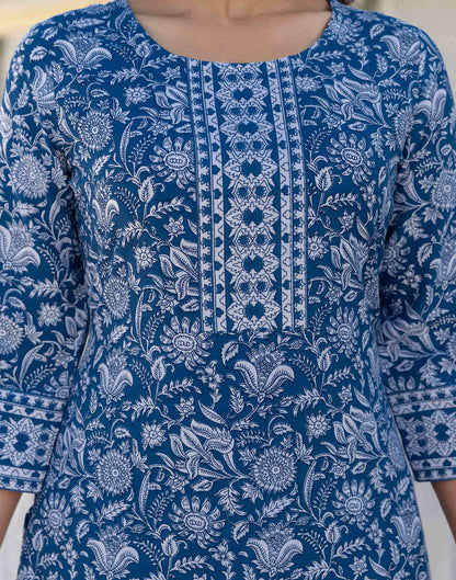 Dark Blue Cotton Printed Straight Kurta Set With Dupatta