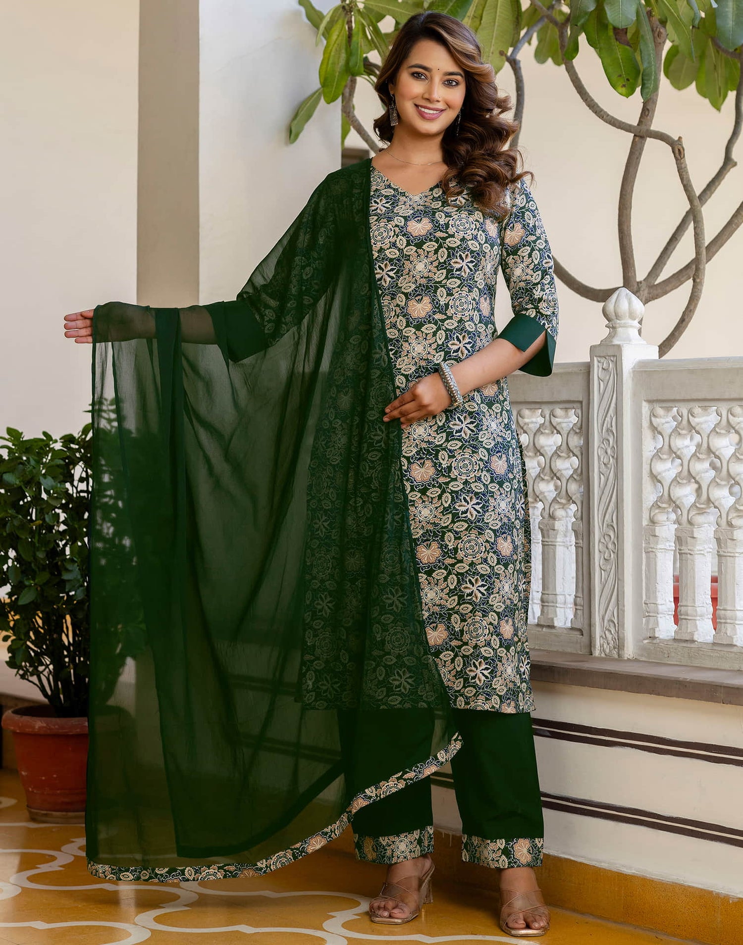 Green Crepe Printed Straight Kurta Set With Dupatta