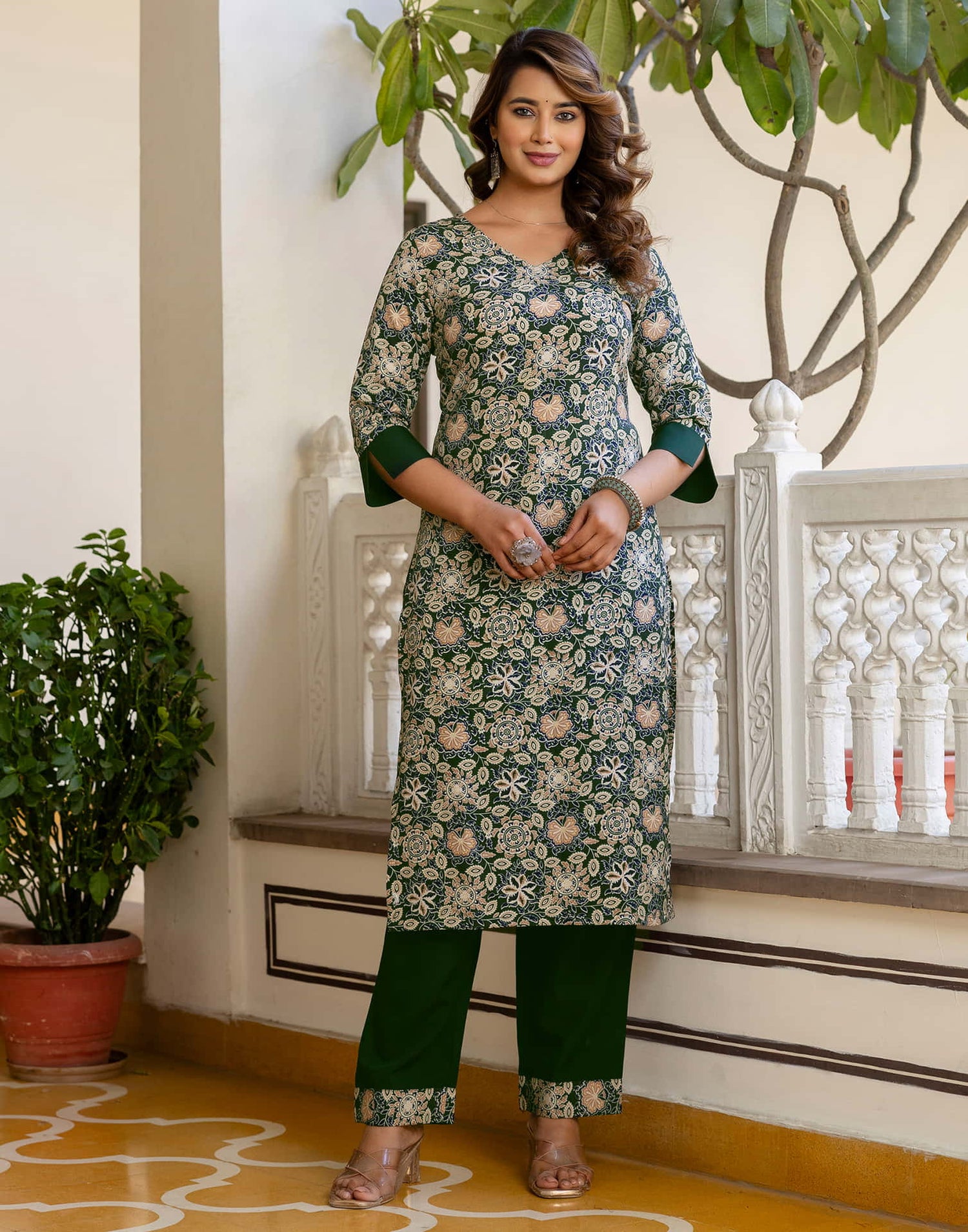 Green Crepe Printed Straight Kurta Set With Dupatta