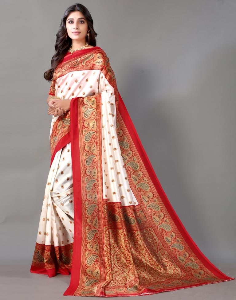 Festive, Traditional Red and Maroon, White and Off White color Banarasi Silk  fabric Saree : 1910260