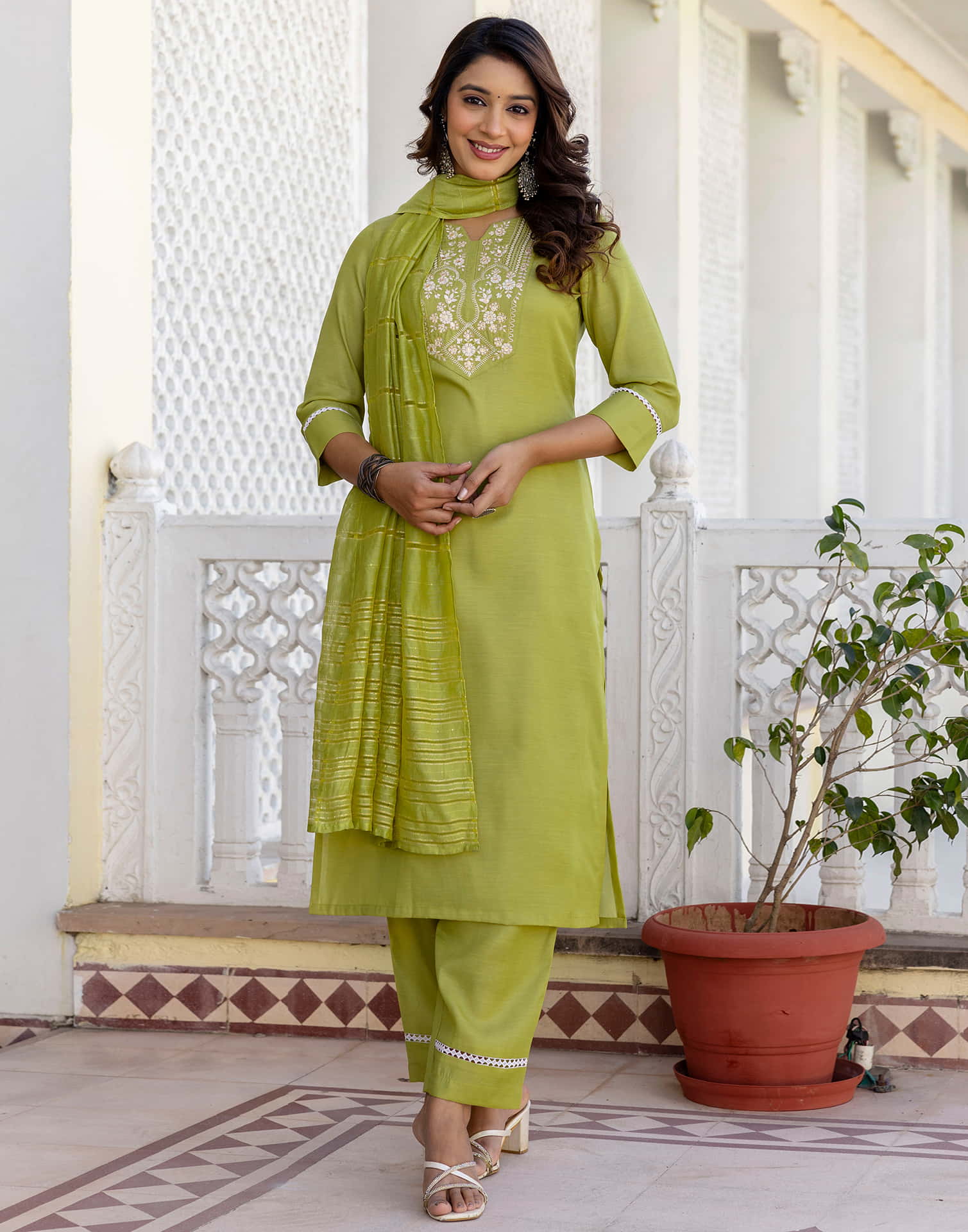 Leaf Green Silk Embroidery Straight Kurta Set With Dupatta