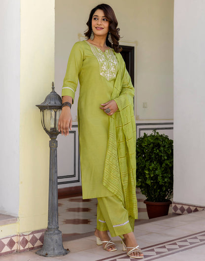 Leaf Green Silk Embroidery Straight Kurta Set With Dupatta