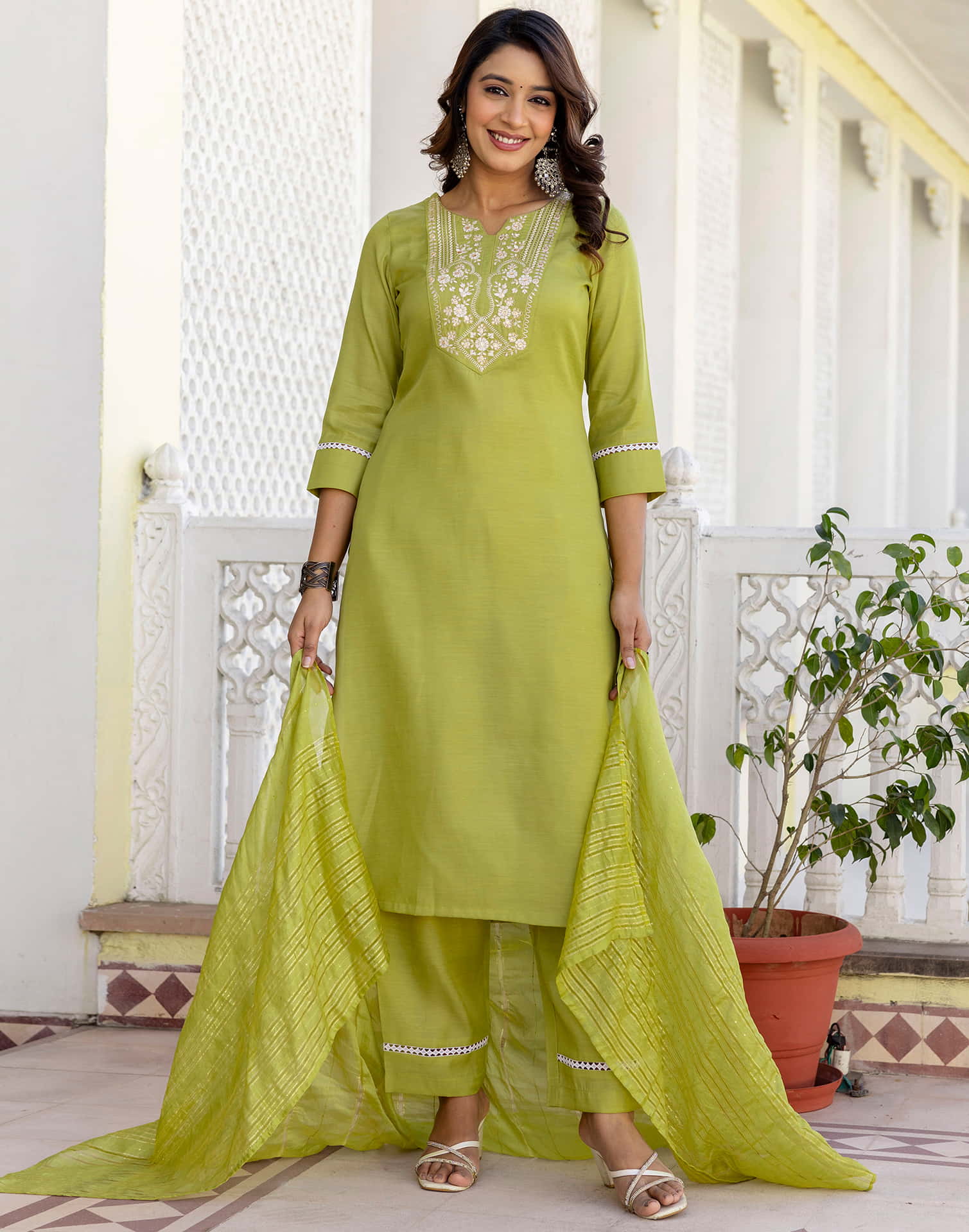 Leaf Green Silk Embroidery Straight Kurta Set With Dupatta