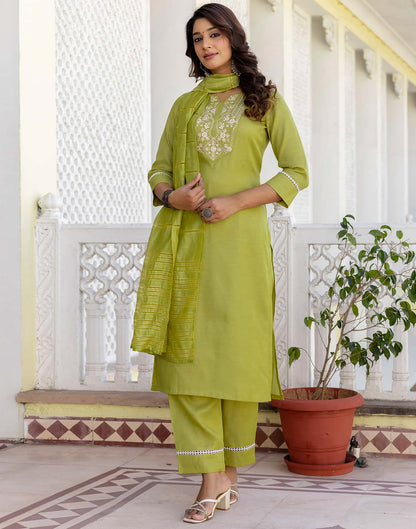 Leaf Green Silk Embroidery Straight Kurta Set With Dupatta