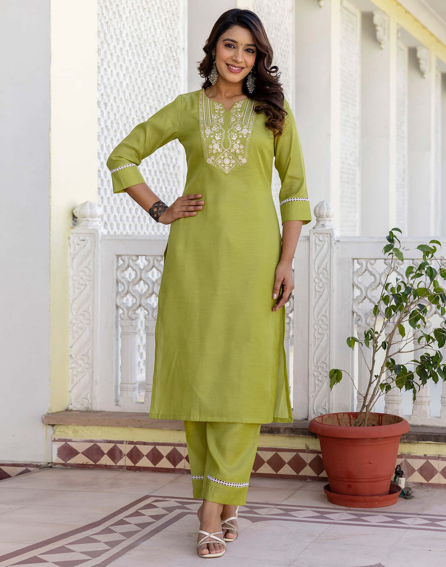 Leaf Green Silk Embroidery Straight Kurta Set With Dupatta