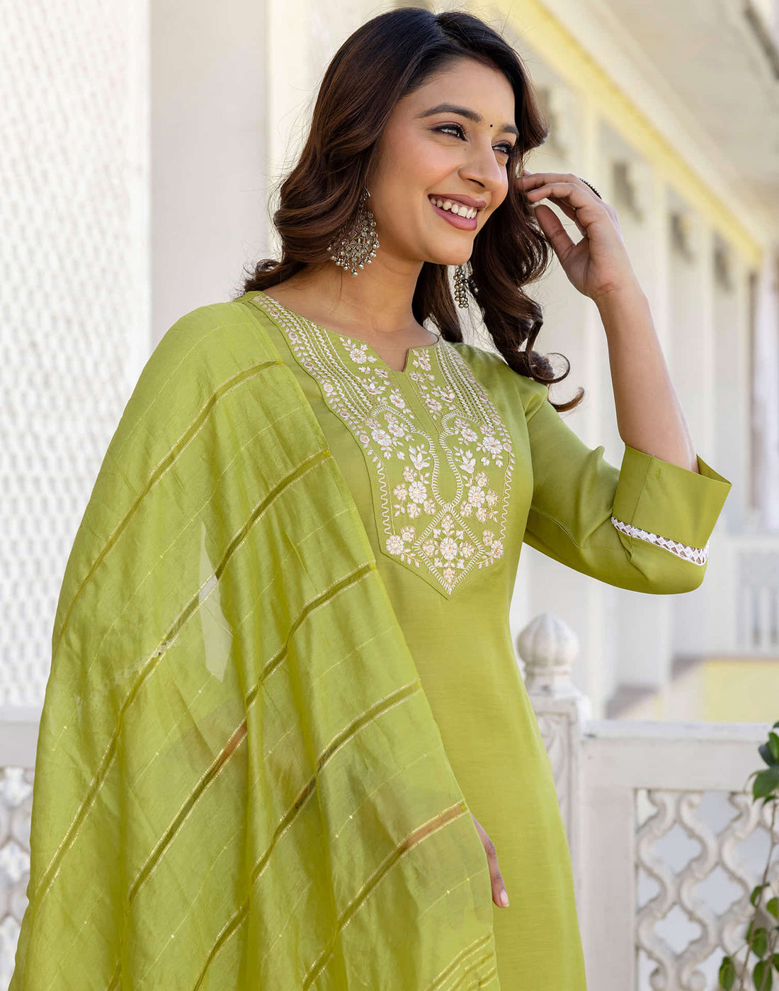 Leaf Green Silk Embroidery Straight Kurta Set With Dupatta