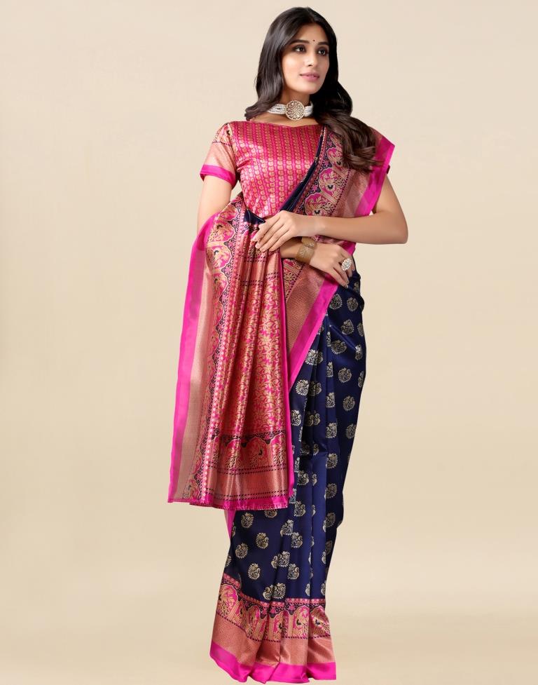 Royal Blue with Pink Border Art Silk Wedding Saree – paanericlothing