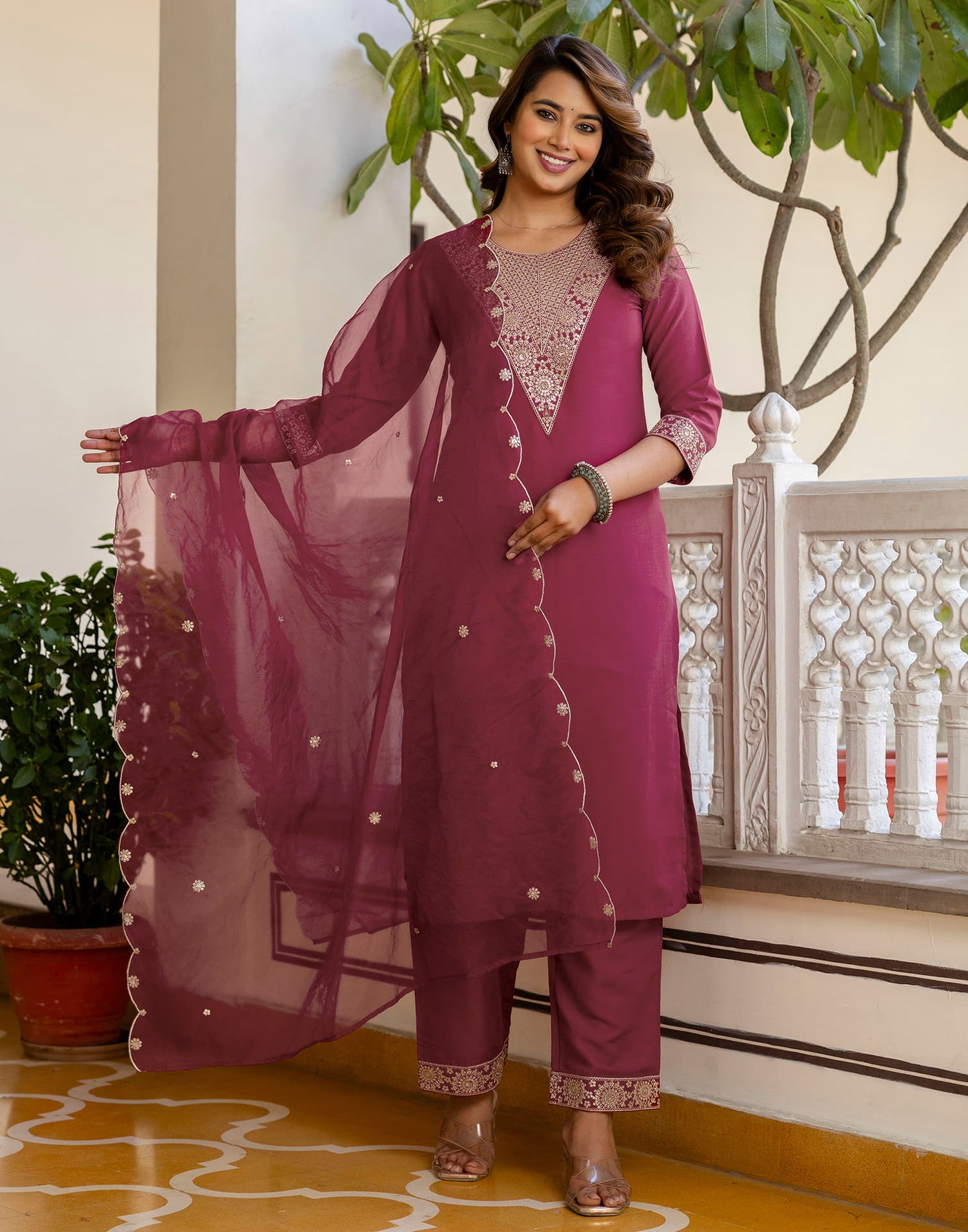 Dark Red Cotton Embroidery Straight Kurta Set With Dupatta