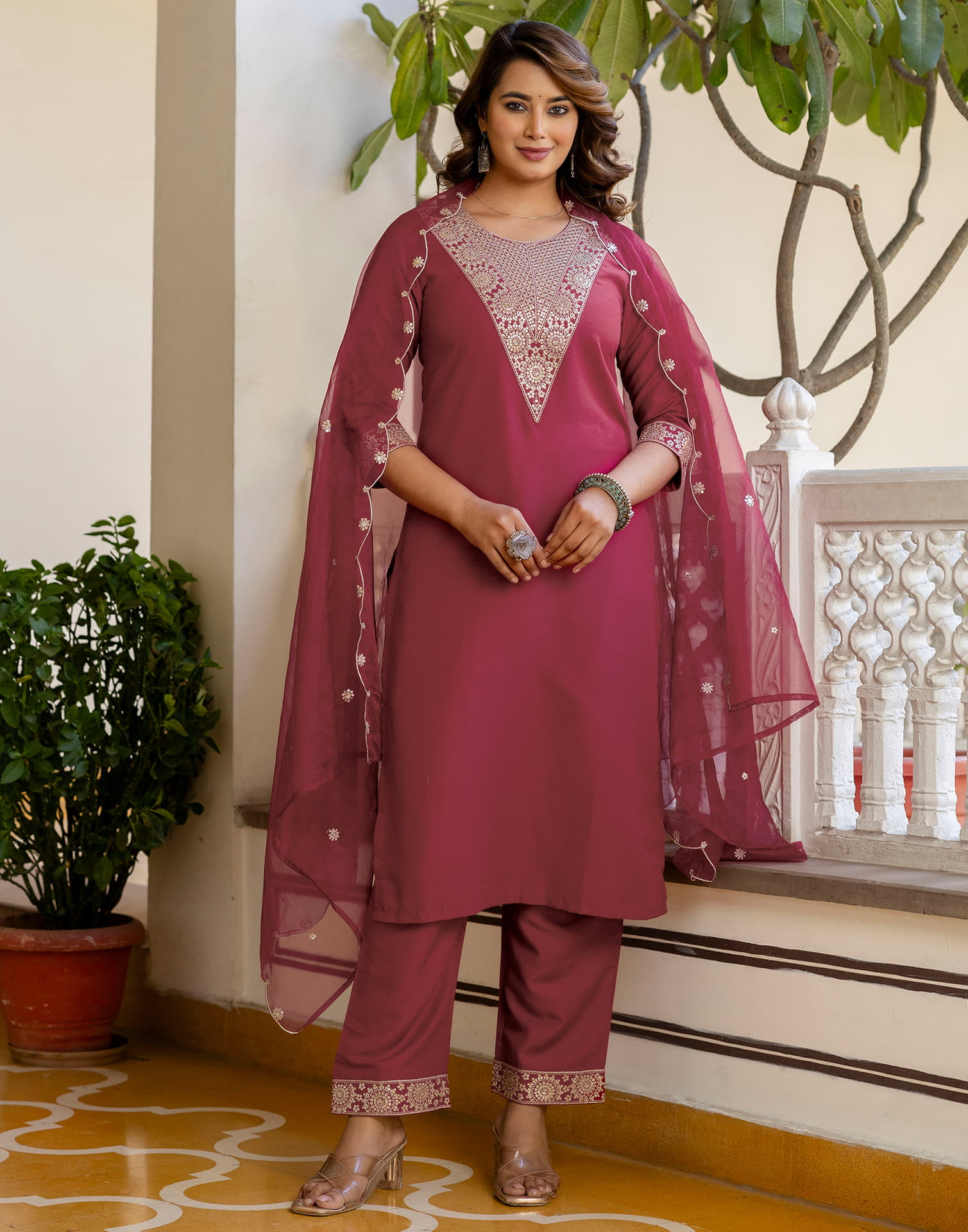 Dark Red Cotton Embroidery Straight Kurta Set With Dupatta