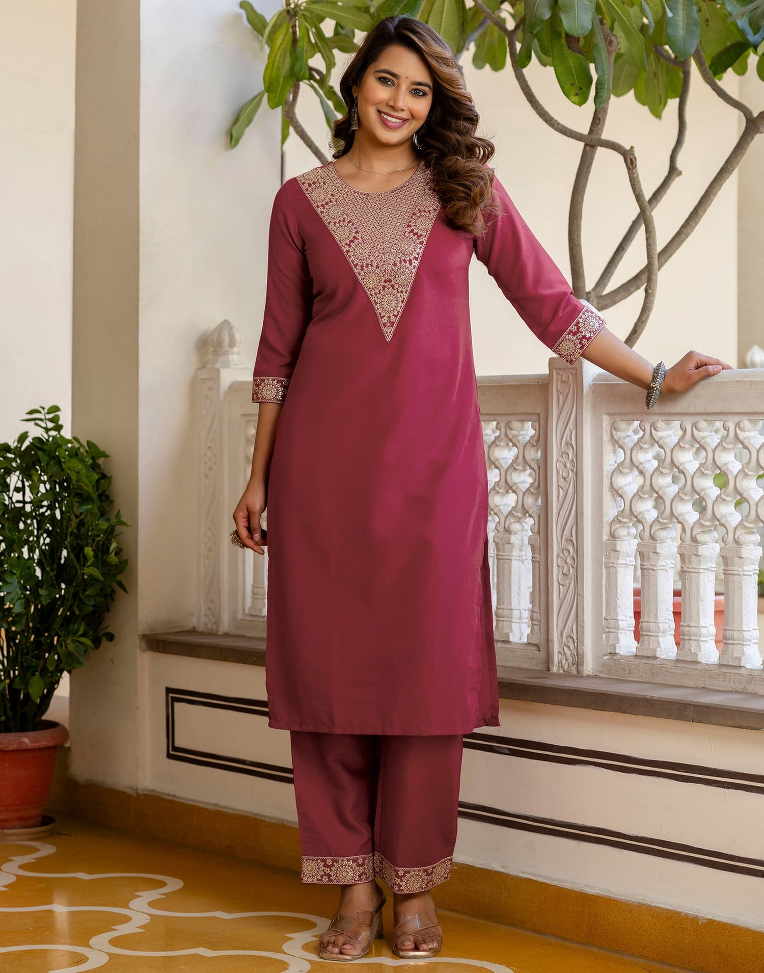 Dark Red Cotton Embroidery Straight Kurta Set With Dupatta