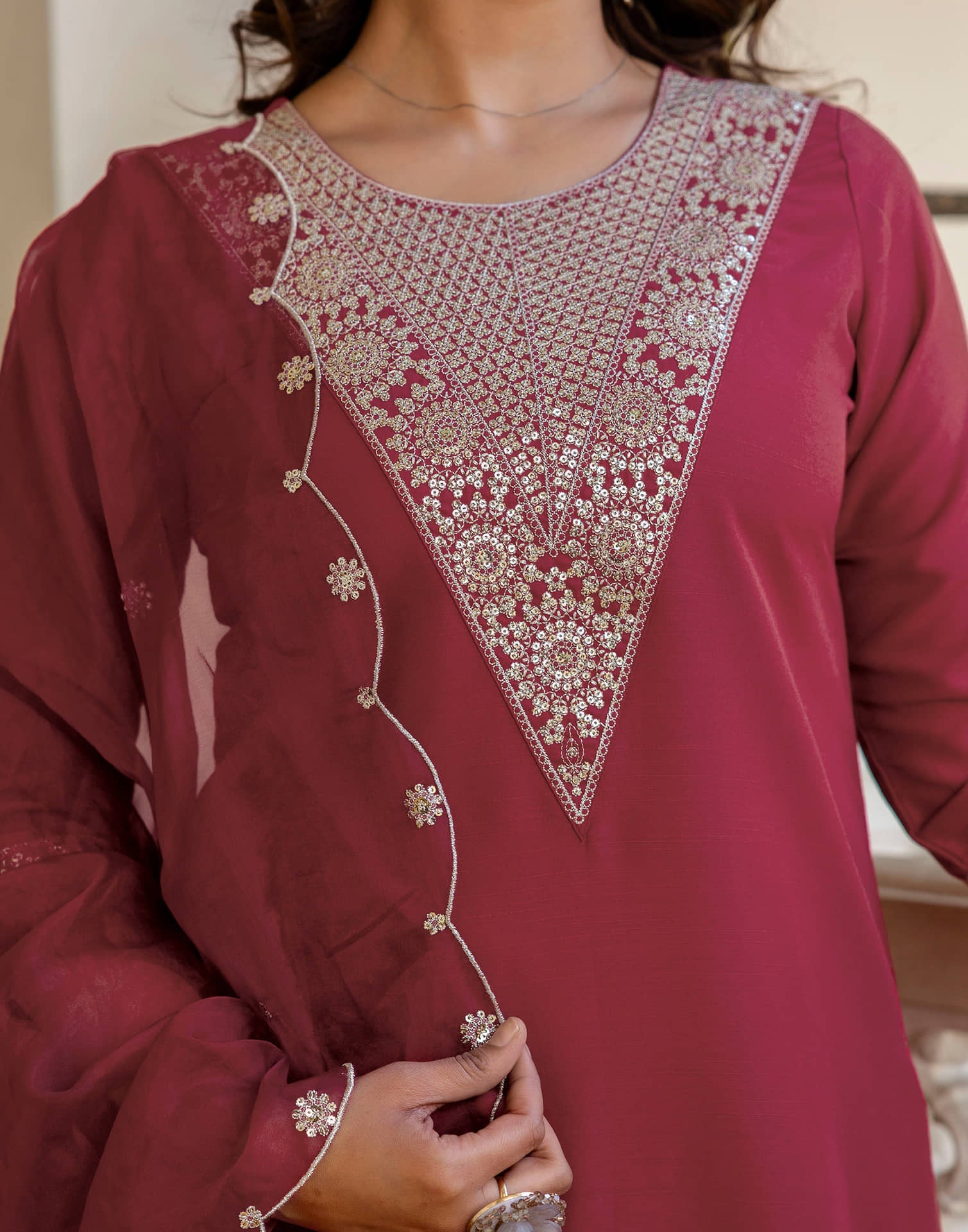 Dark Red Cotton Embroidery Straight Kurta Set With Dupatta