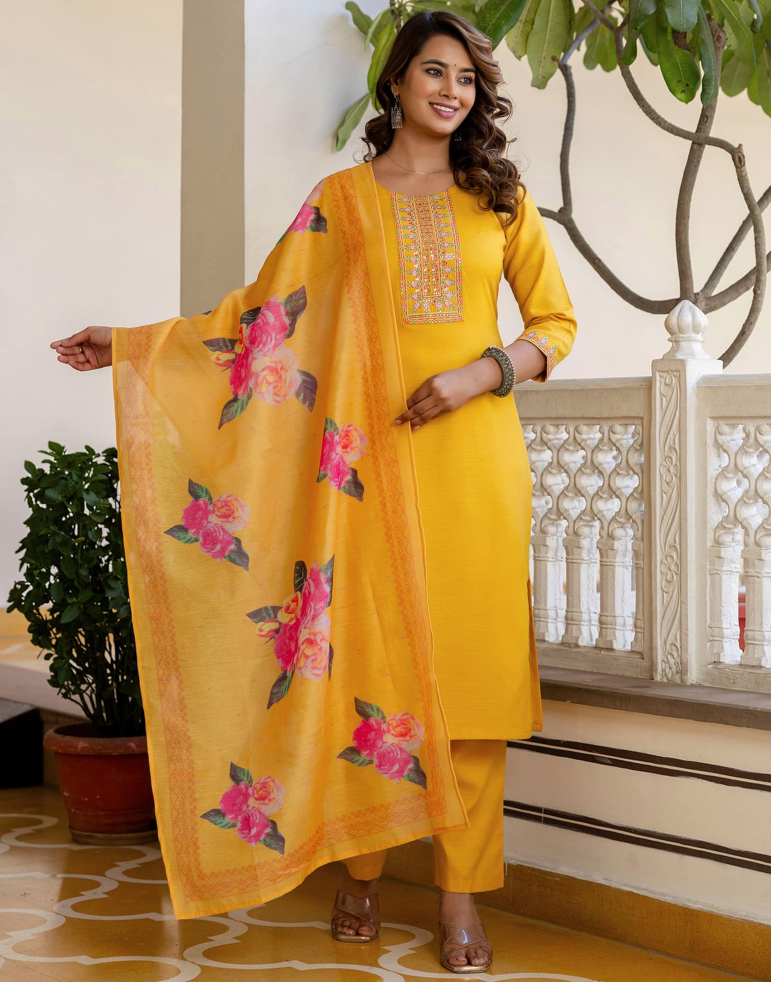 Yellow Cotton Embroidery Straight Kurta Set With Dupatta