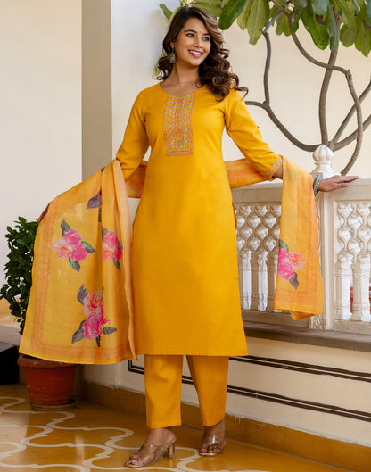 Yellow Cotton Embroidery Straight Kurta Set With Dupatta