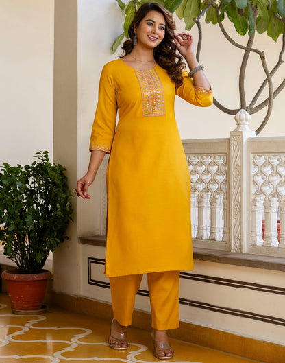 Yellow Cotton Embroidery Straight Kurta Set With Dupatta