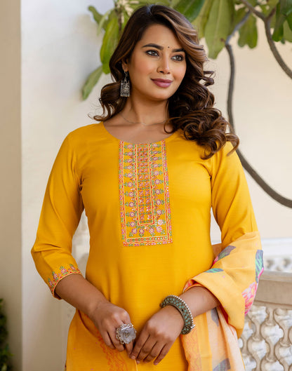 Yellow Cotton Embroidery Straight Kurta Set With Dupatta