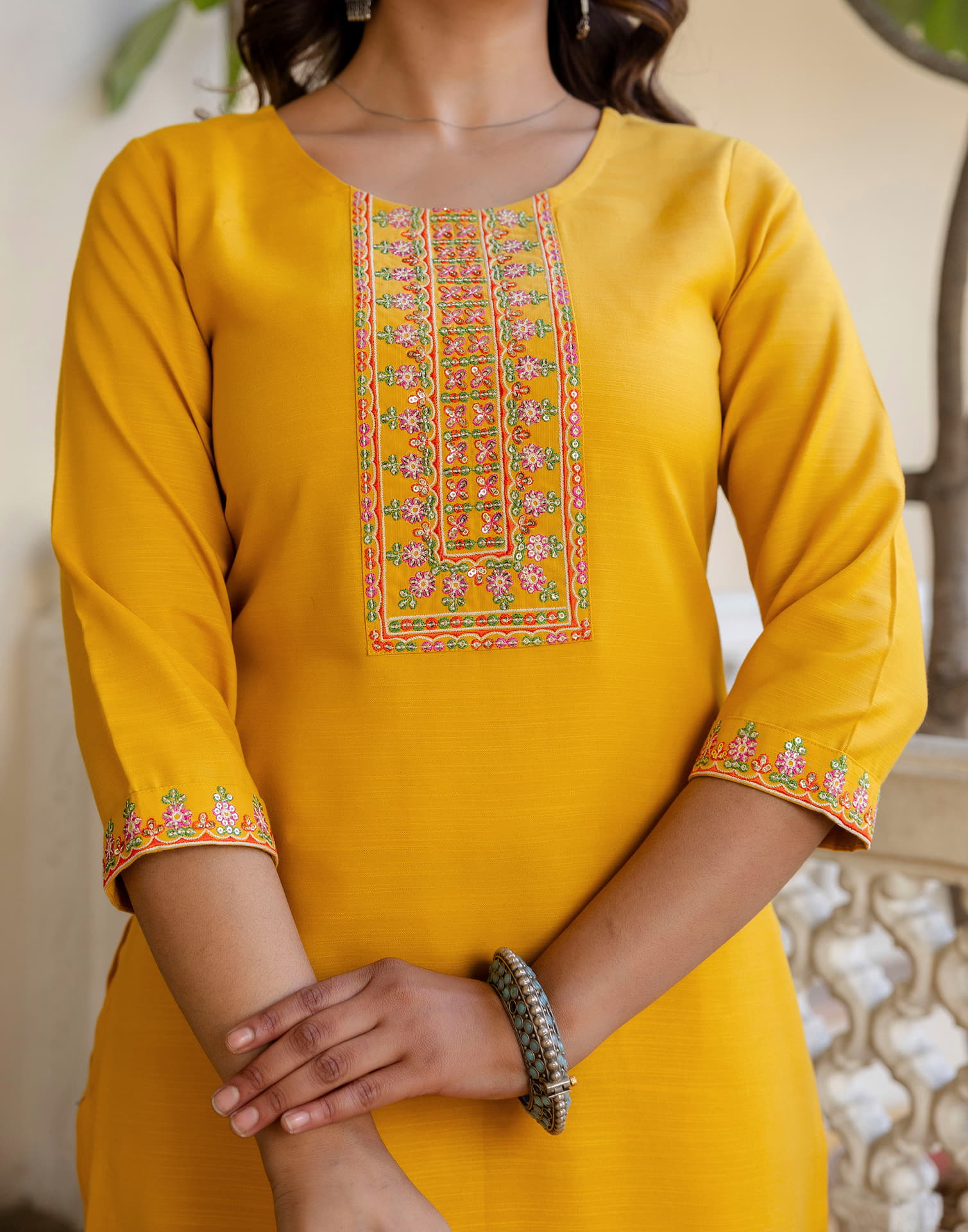 Yellow Cotton Embroidery Straight Kurta Set With Dupatta