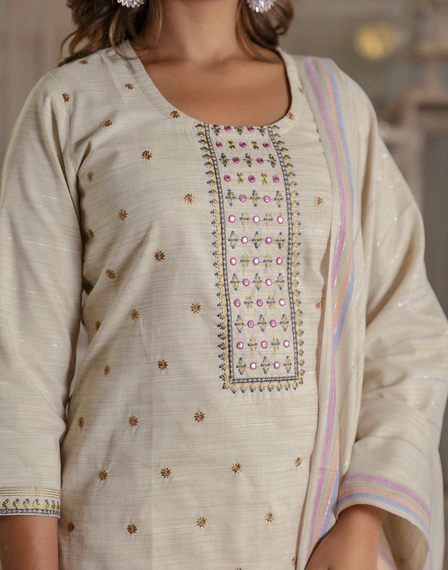 Beige Cotton Weaving Straight Kurta Set With Dupatta