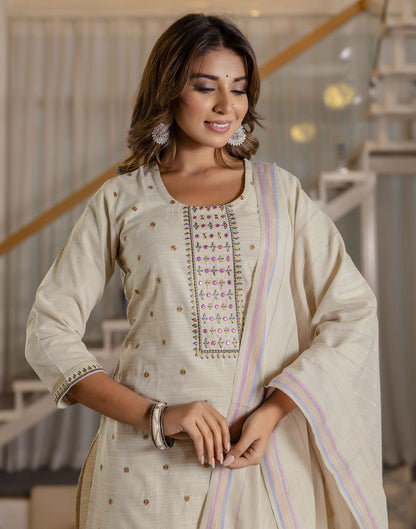 Beige Cotton Weaving Straight Kurta Set With Dupatta