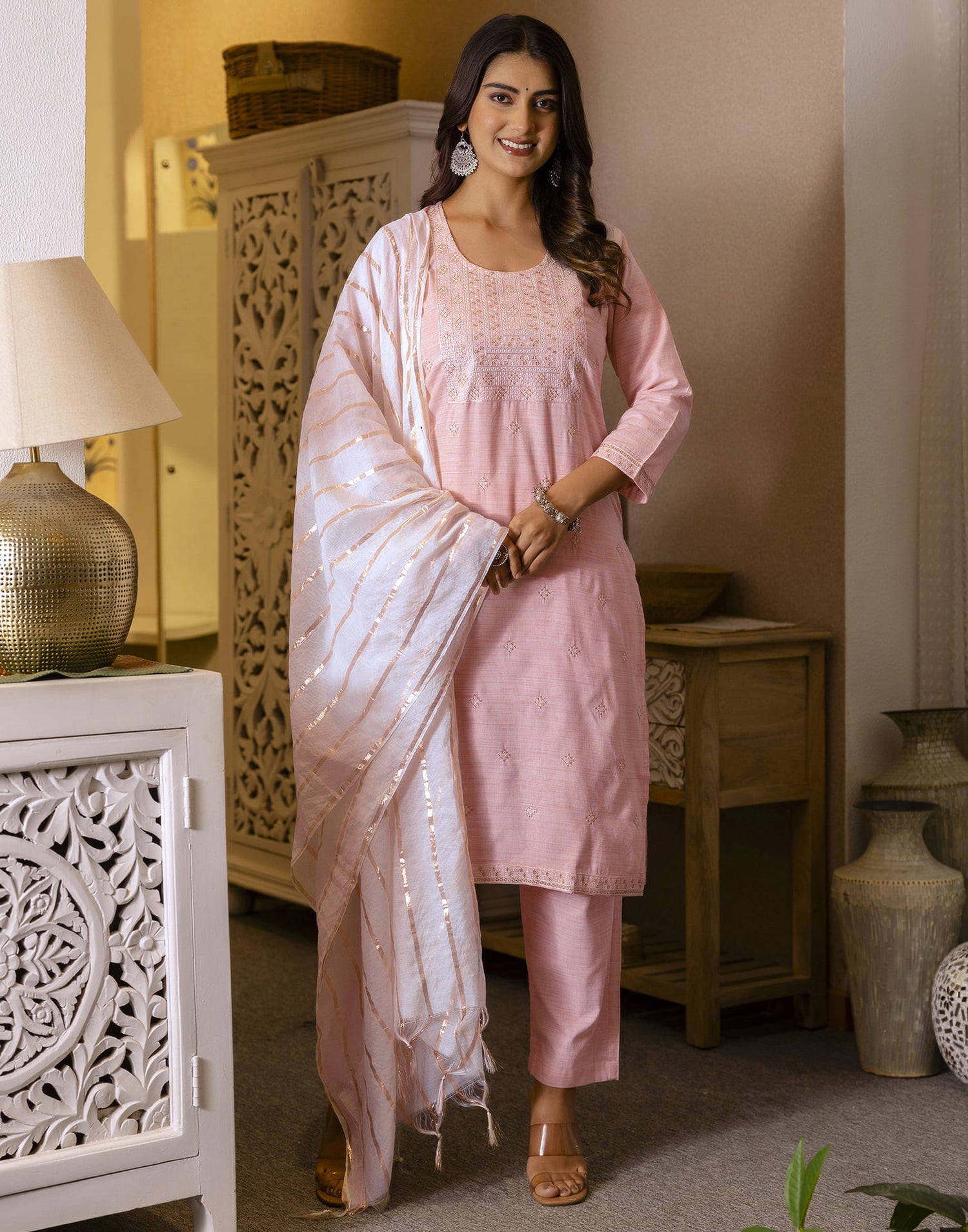 Pastel Pink Cotton Weaving Straight Kurta Set With Dupatta