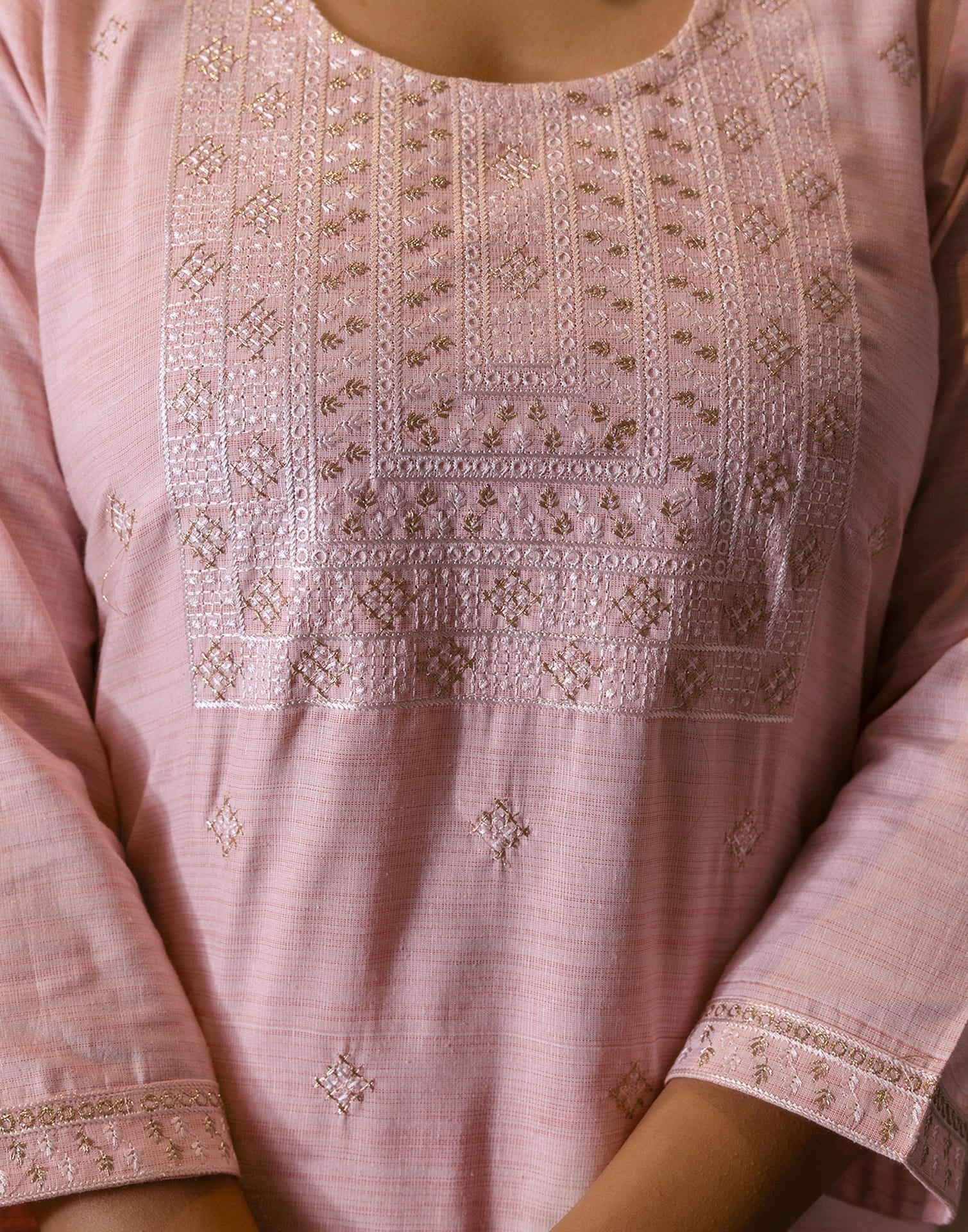 Pastel Pink Cotton Weaving Straight Kurta Set With Dupatta