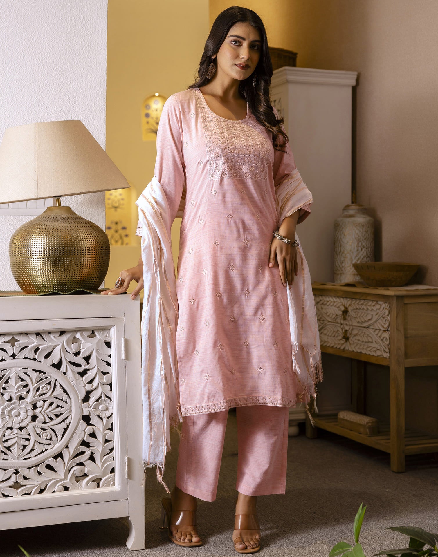 Pastel Pink Cotton Weaving Straight Kurta Set With Dupatta