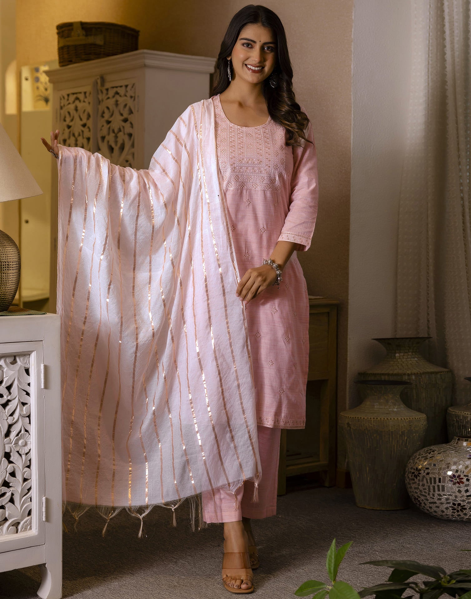 Pastel Pink Cotton Weaving Straight Kurta Set With Dupatta