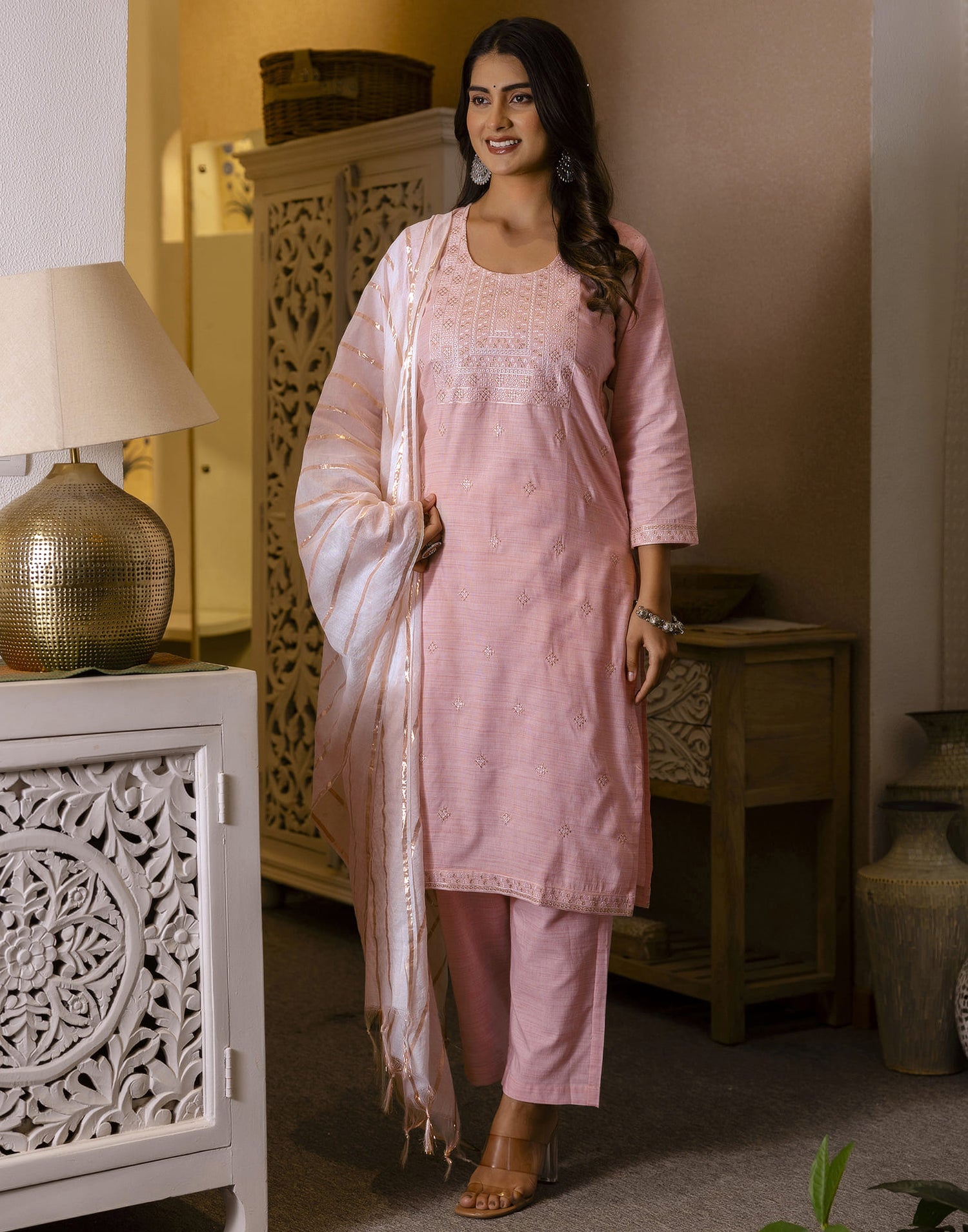 Pastel Pink Cotton Weaving Straight Kurta Set With Dupatta