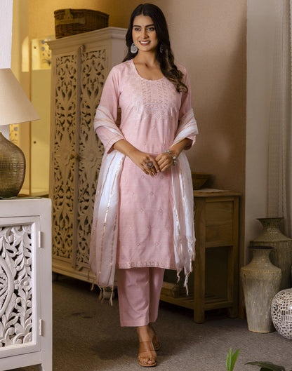 Pastel Pink Cotton Weaving Straight Kurta Set With Dupatta