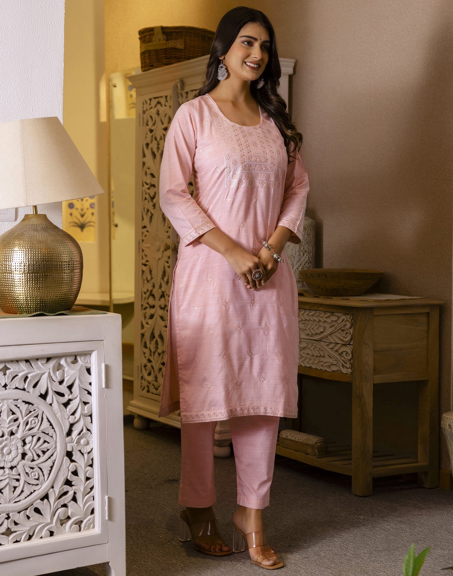 Pastel Pink Cotton Weaving Straight Kurta Set With Dupatta