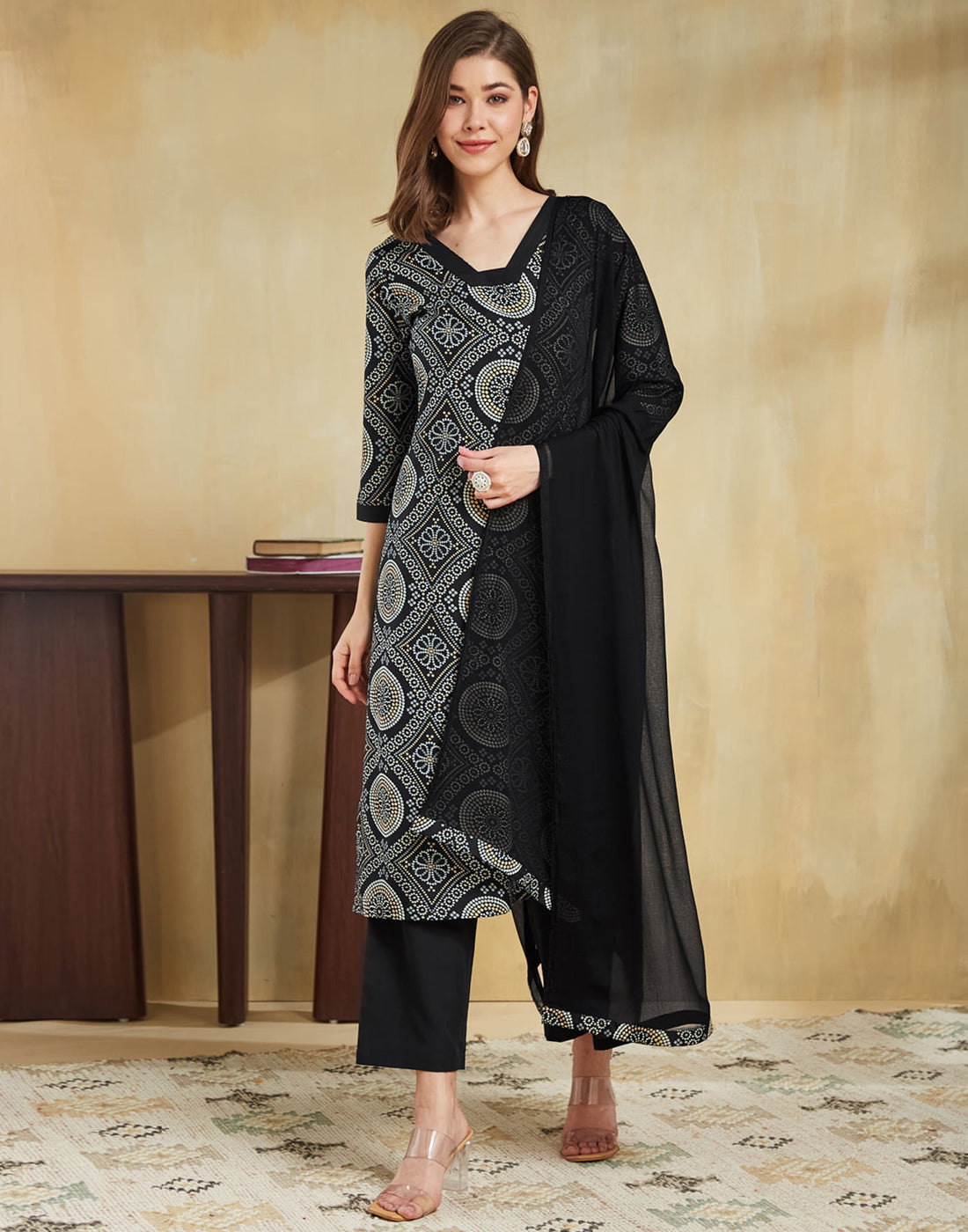 Black Crepe Bandhani Printed Straight Kurta Set With Dupatta