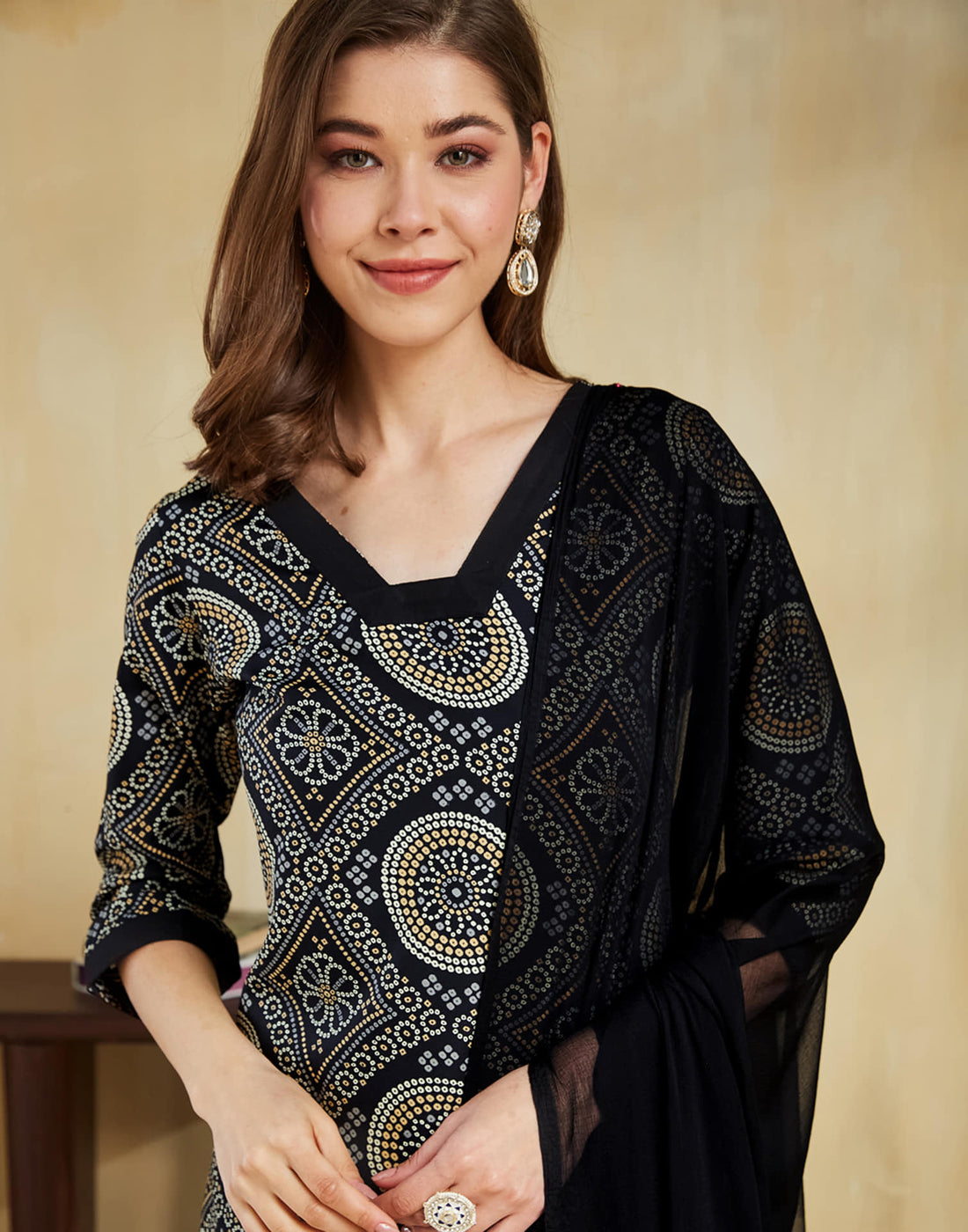 Black Crepe Bandhani Printed Straight Kurta Set With Dupatta