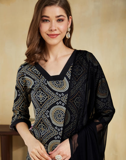Black Crepe Bandhani Printed Straight Kurta Set With Dupatta