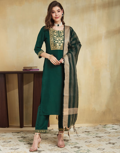 Dark Green Cotton Printed Straight Kurta Set With Dupatta