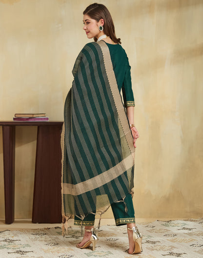 Dark Green Cotton Printed Straight Kurta Set With Dupatta