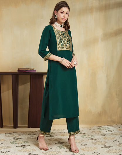 Dark Green Cotton Printed Straight Kurta Set With Dupatta