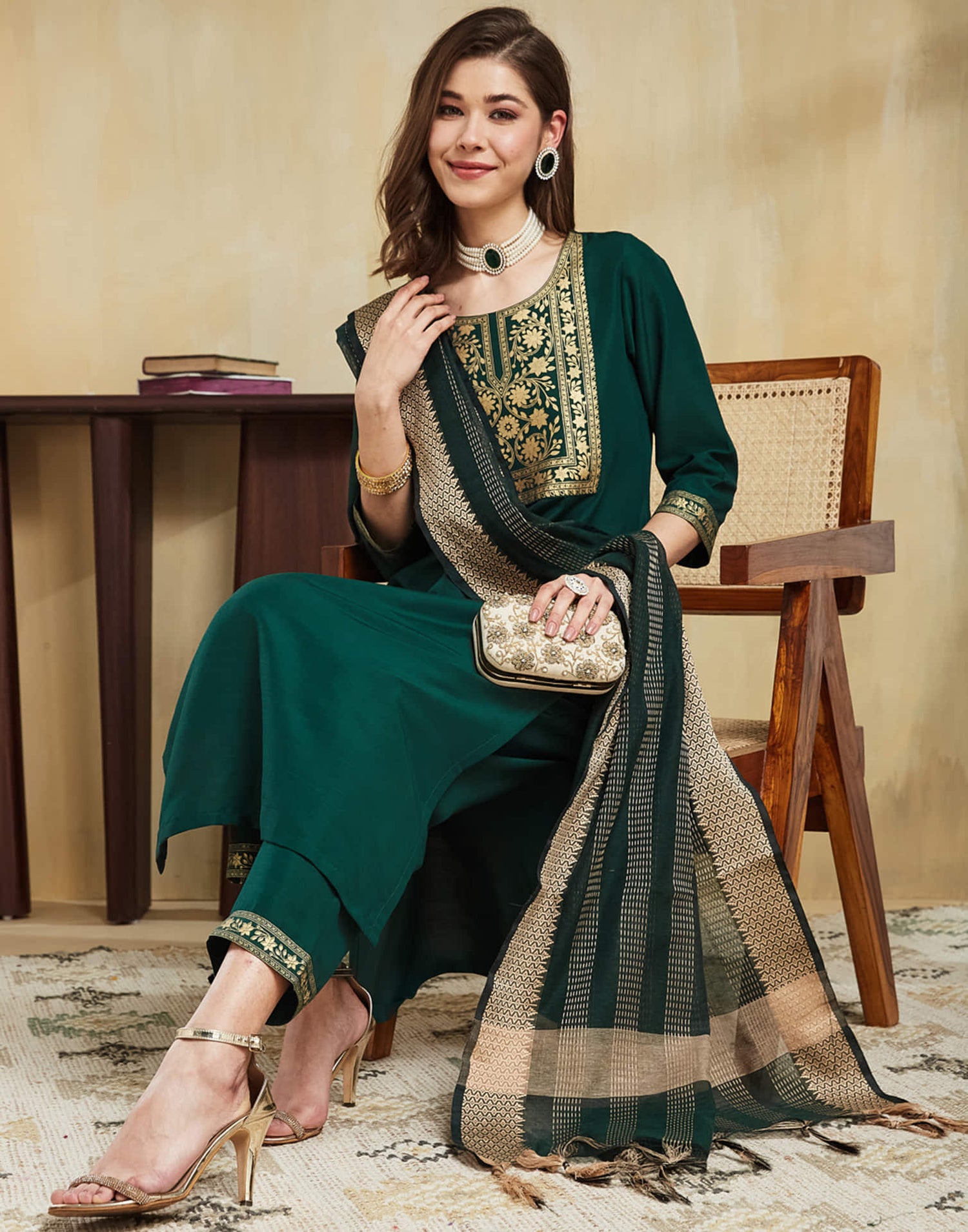 Dark Green Cotton Printed Straight Kurta Set With Dupatta